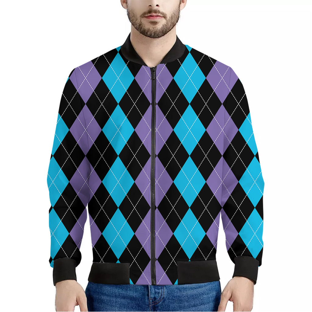 Purple Black And Blue Argyle Print Men's Bomber Jacket