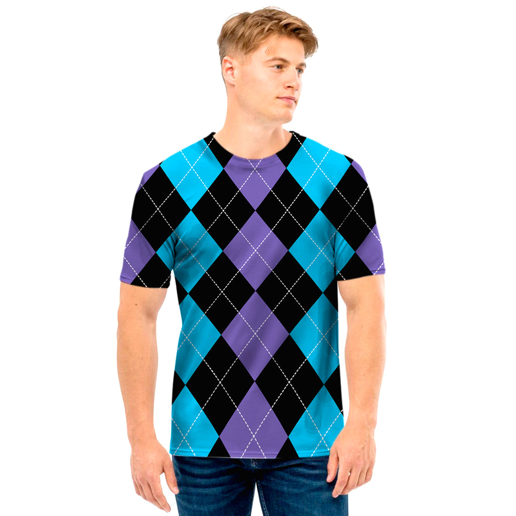 Purple Black And Blue Argyle Print Men's T-Shirt