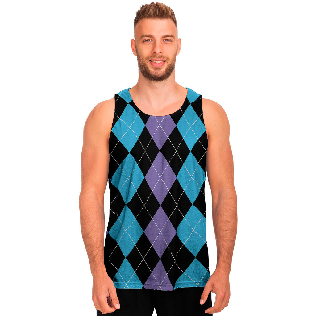 Purple Black And Blue Argyle Print Men's Tank Top