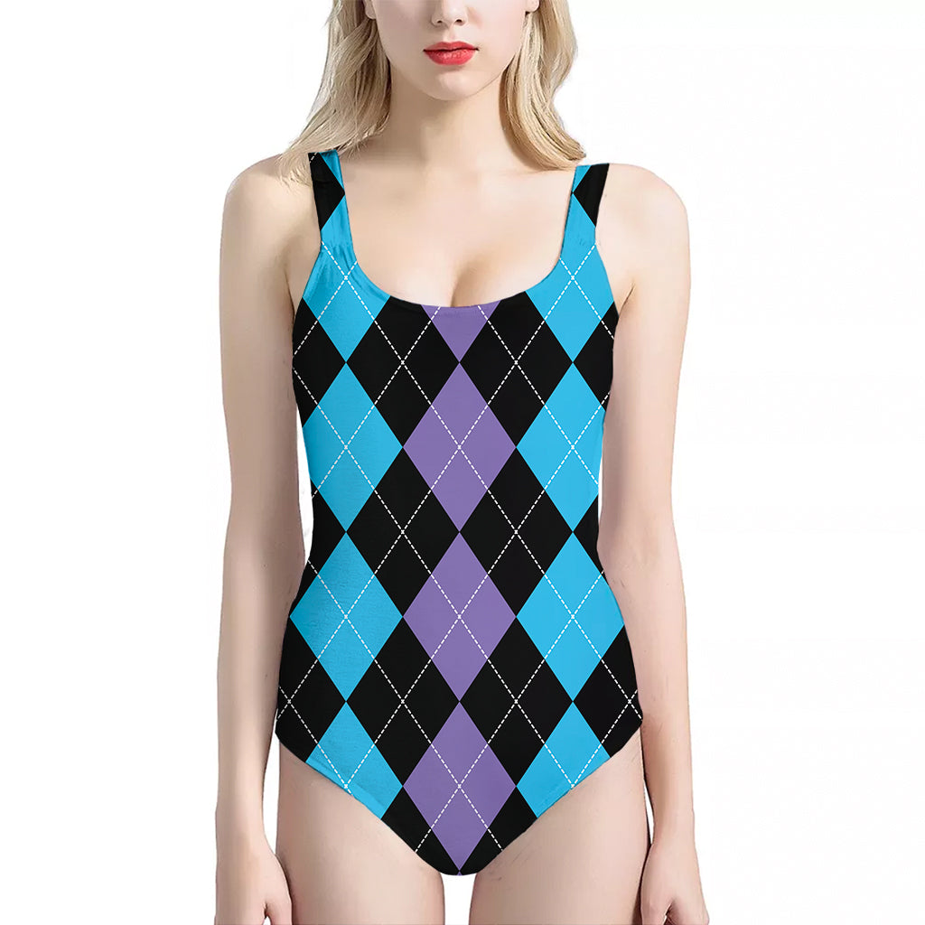 Purple Black And Blue Argyle Print One Piece Halter Neck Swimsuit