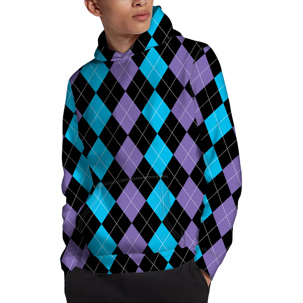 Purple Black And Blue Argyle Print Pullover Hoodie