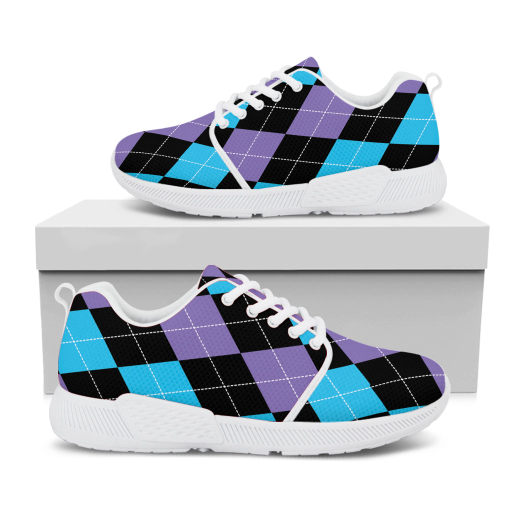 Purple Black And Blue Argyle Print White Athletic Shoes