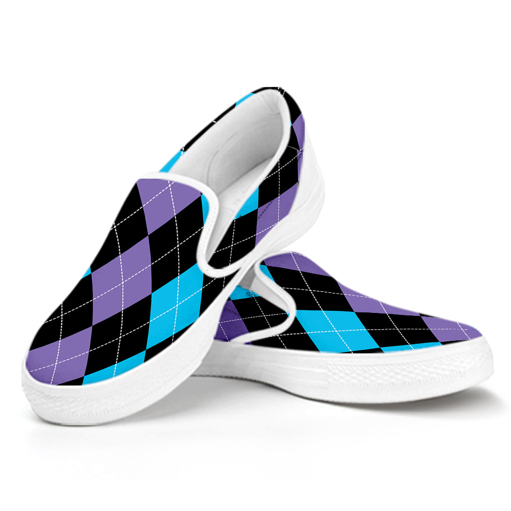 Purple Black And Blue Argyle Print White Slip On Shoes