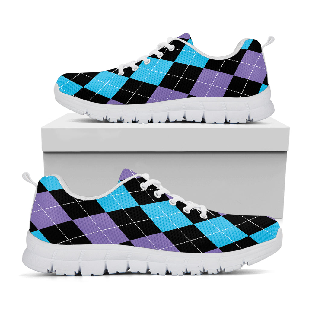 Purple Black And Blue Argyle Print White Sneakers