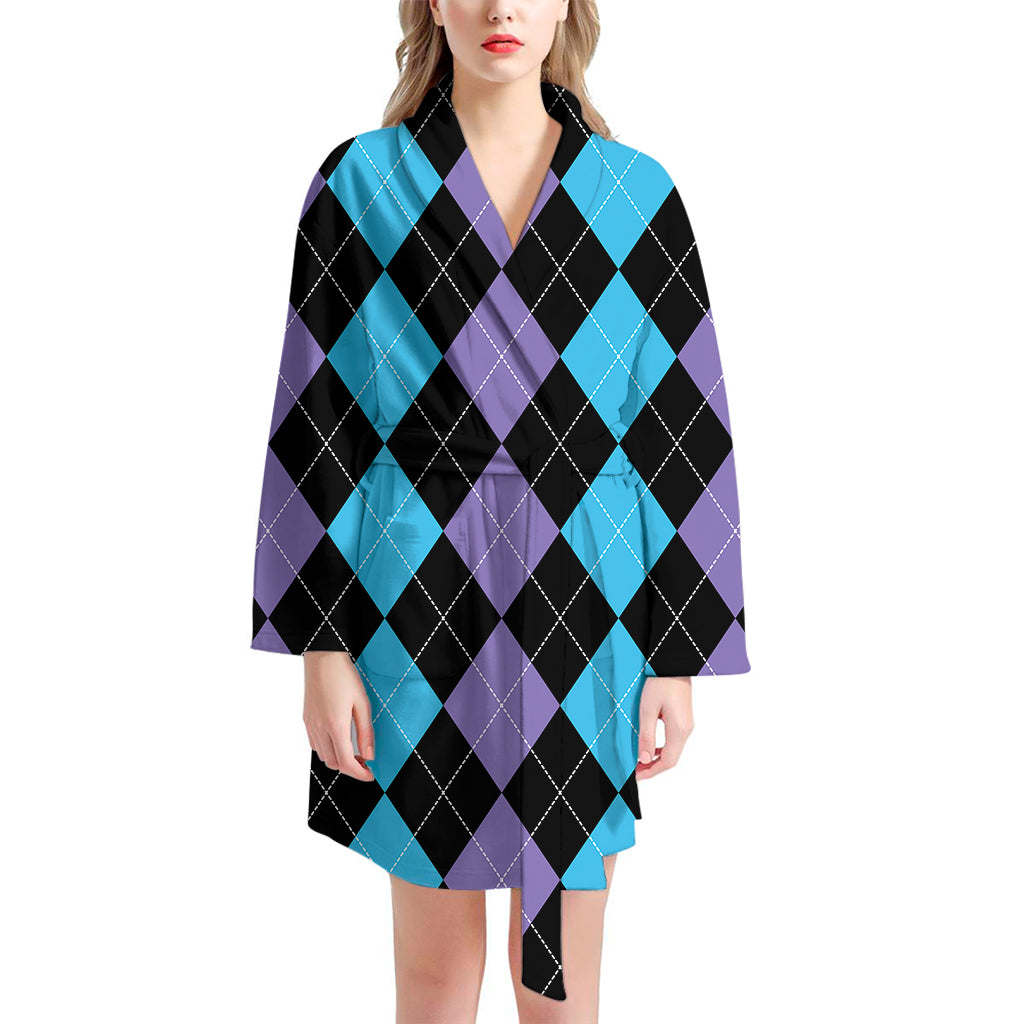 Purple Black And Blue Argyle Print Women's Bathrobe