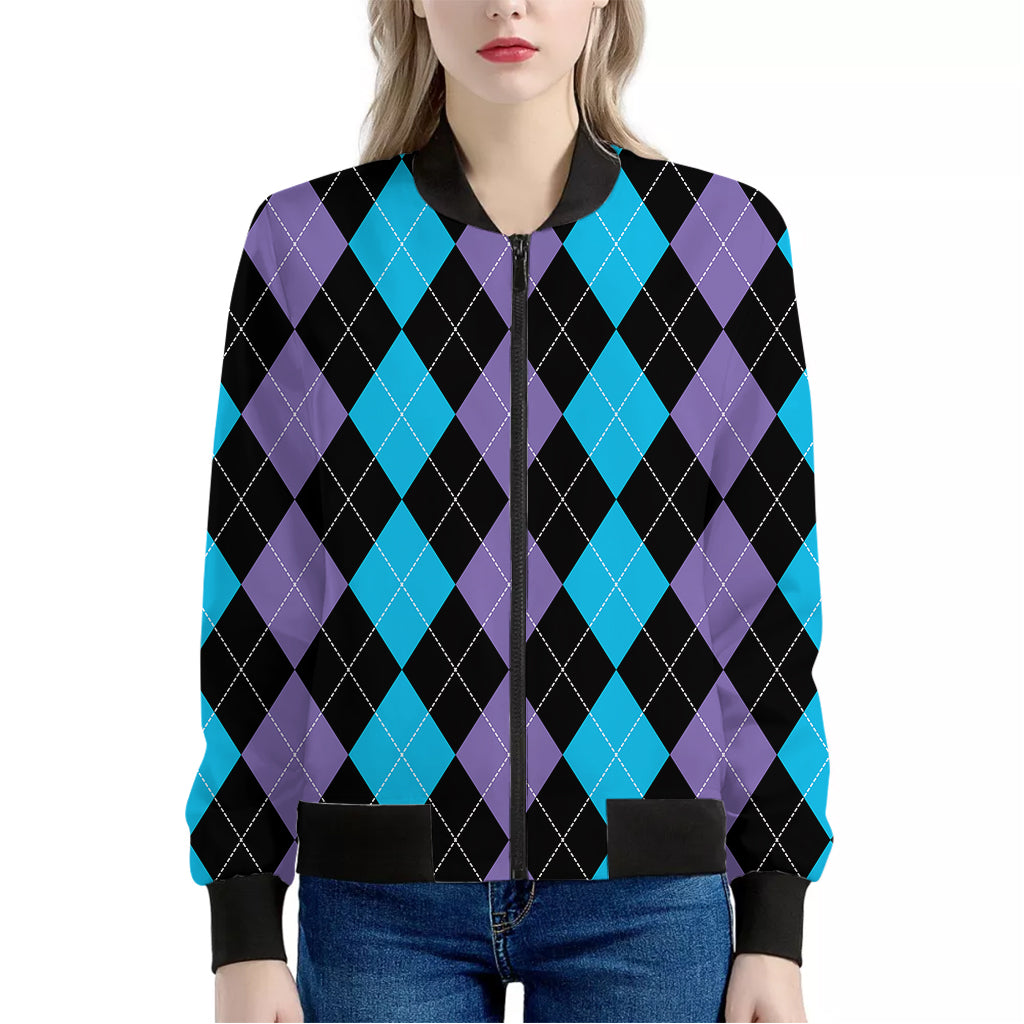 Purple Black And Blue Argyle Print Women's Bomber Jacket