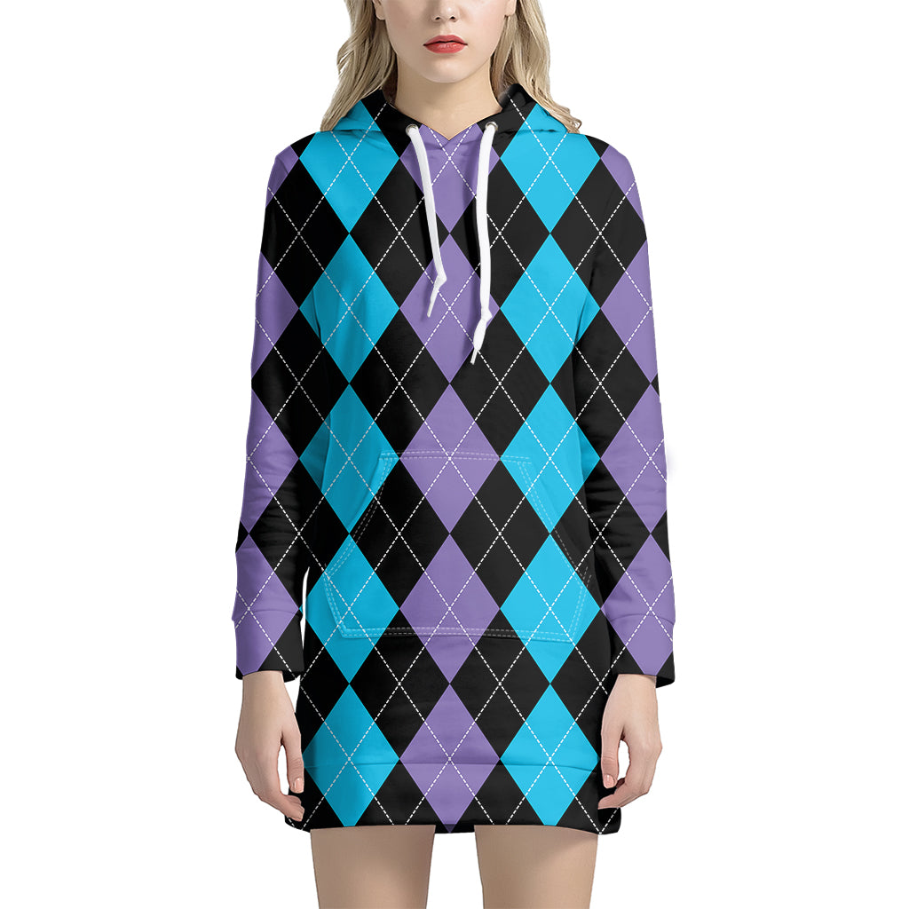 Purple Black And Blue Argyle Print Women's Pullover Hoodie Dress