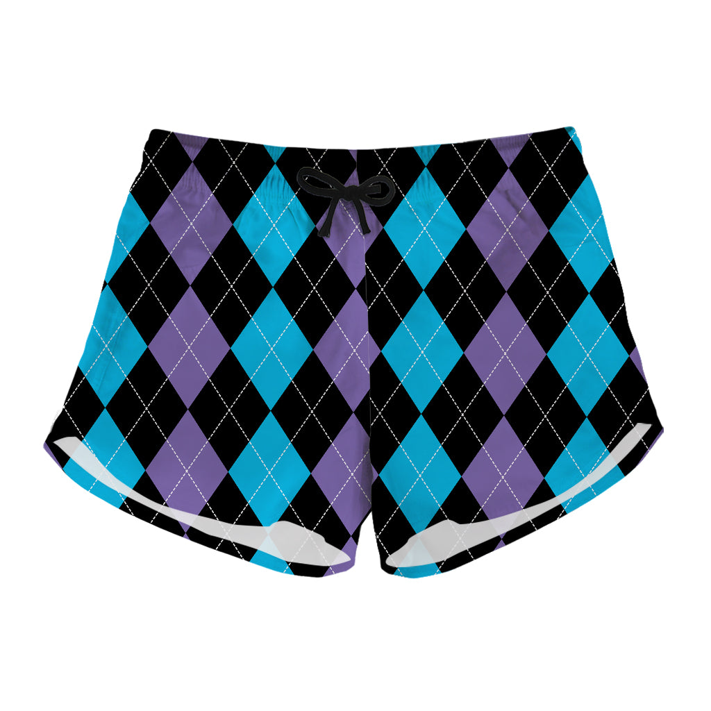 Purple Black And Blue Argyle Print Women's Shorts