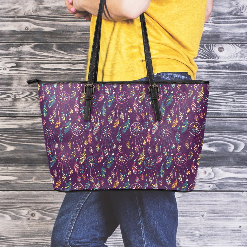 Purple Bohemian Dream Catcher Print Leather Tote Bag