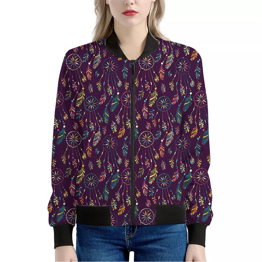 Purple Bohemian Dream Catcher Print Women's Bomber Jacket