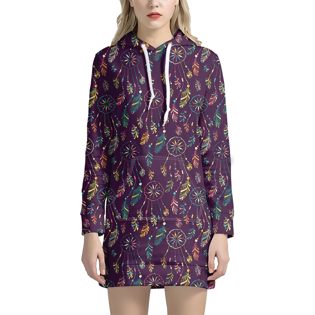 Purple Bohemian Dream Catcher Print Women's Pullover Hoodie Dress