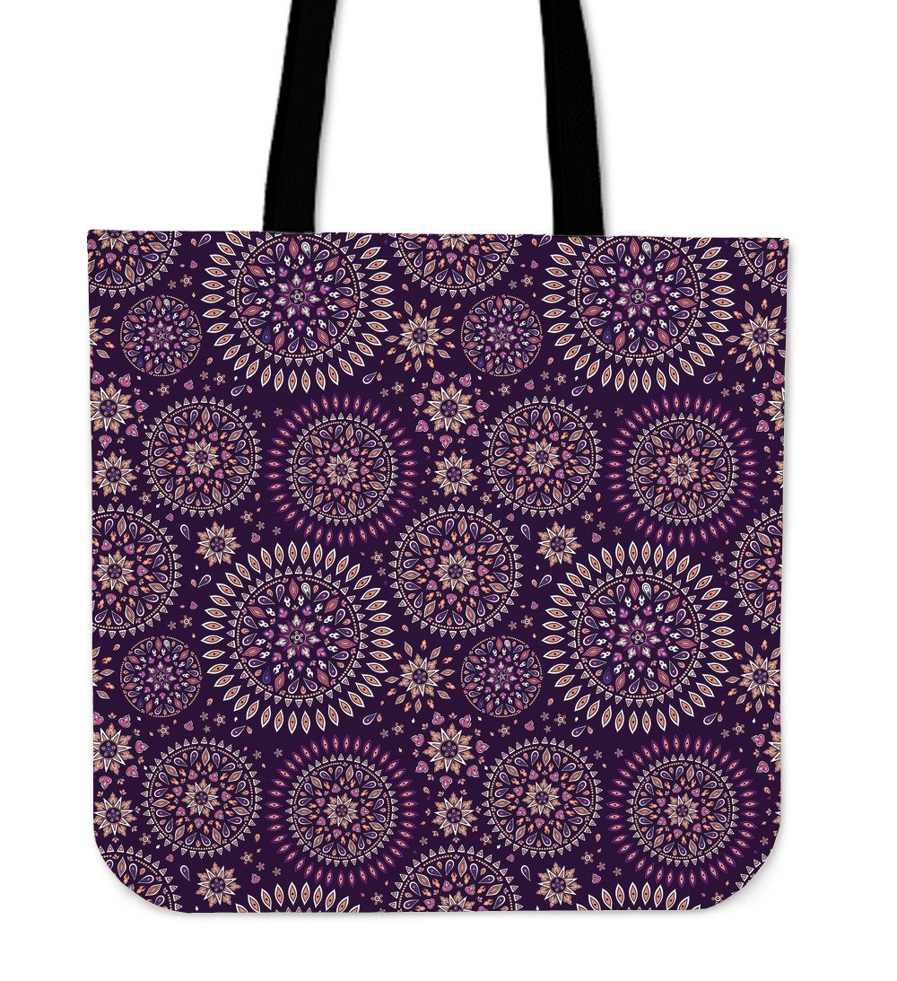 Purple Bohemian Mandala Pattern Print Canvas Tote Bag