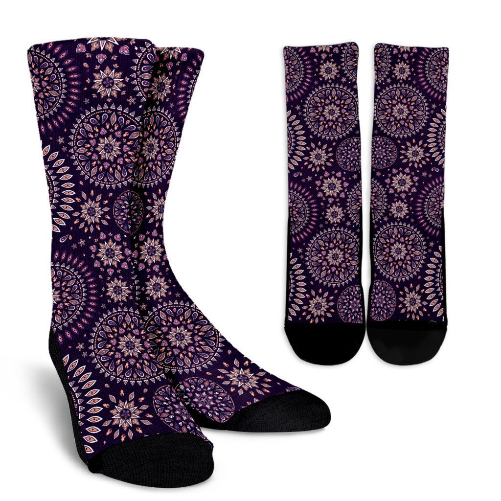 Purple Bohemian Mandala Pattern Print Crew Socks