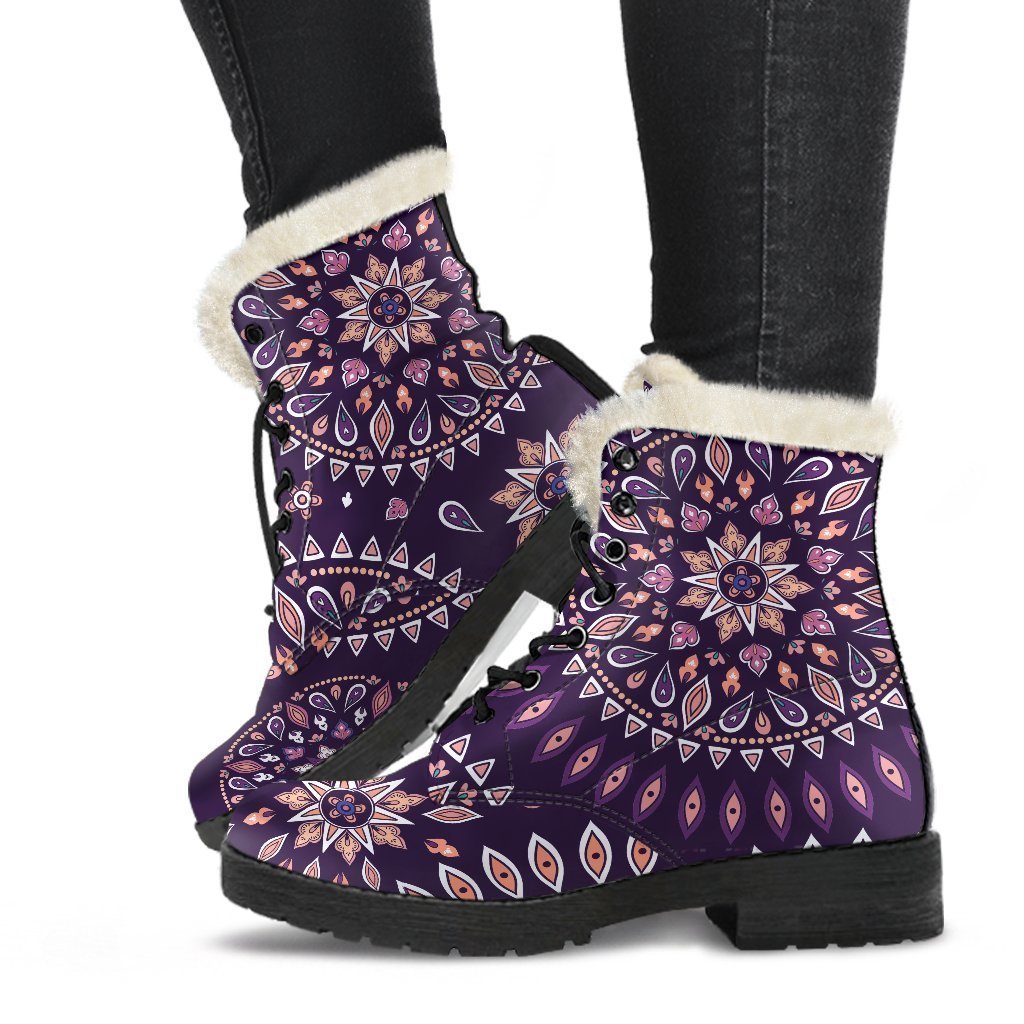 Purple Bohemian Mandala Pattern Print Faux Fur Leather Boots