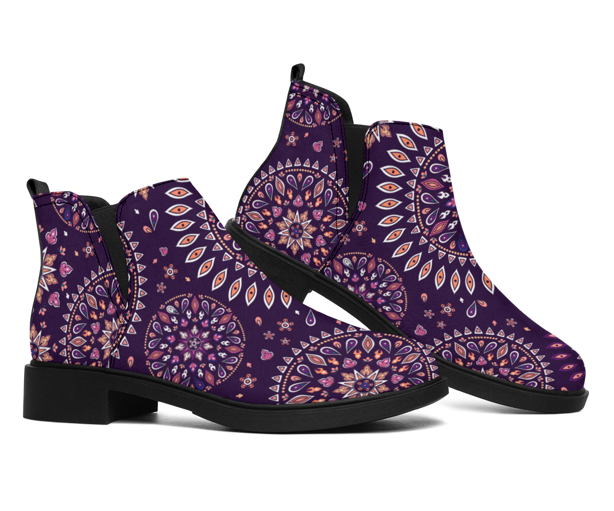 Purple Bohemian Mandala Pattern Print Flat Ankle Boots