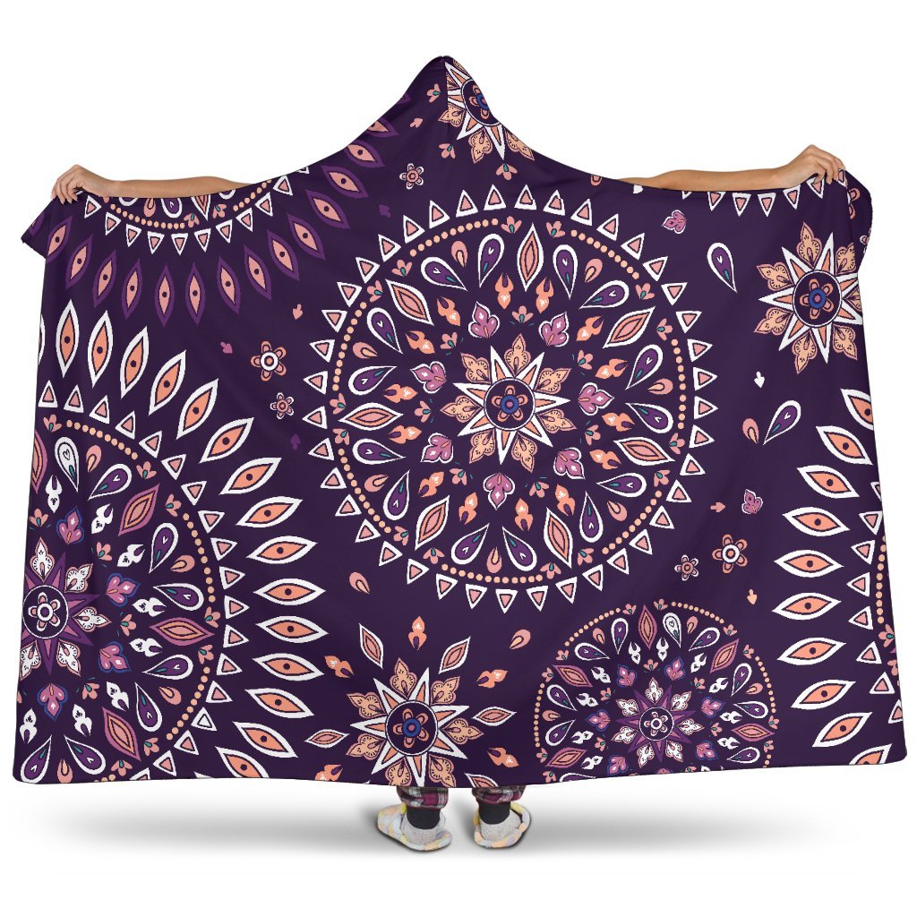 Purple Bohemian Mandala Pattern Print Hooded Blanket