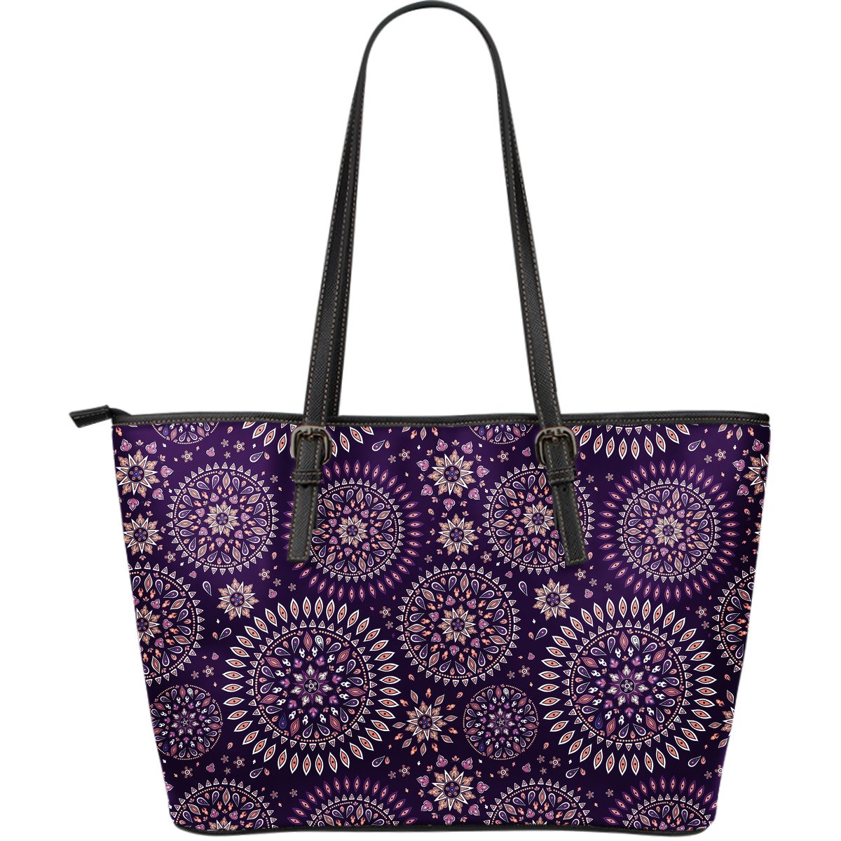 Purple Bohemian Mandala Pattern Print Leather Tote Bag