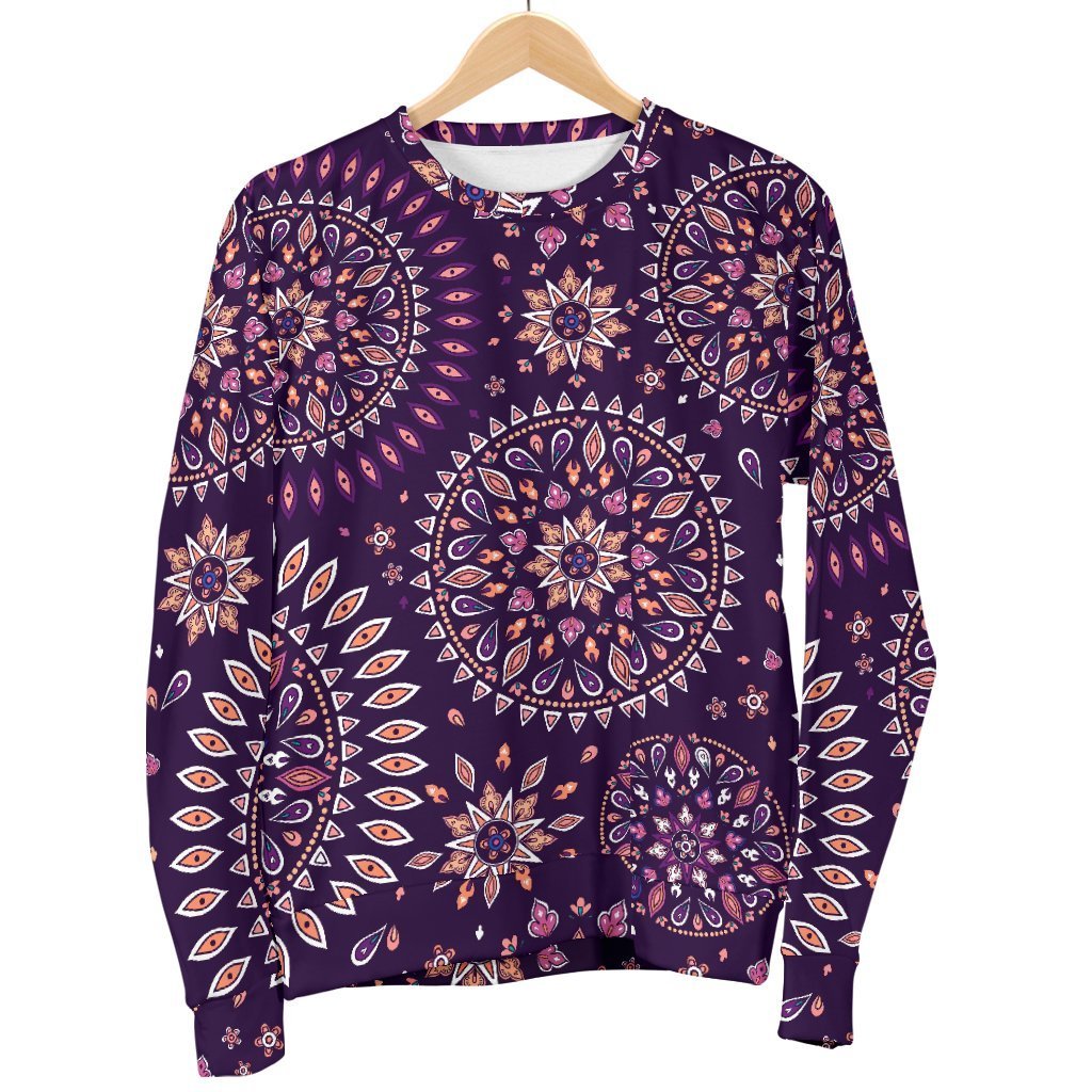 Purple Bohemian Mandala Pattern Print Men's Crewneck Sweatshirt