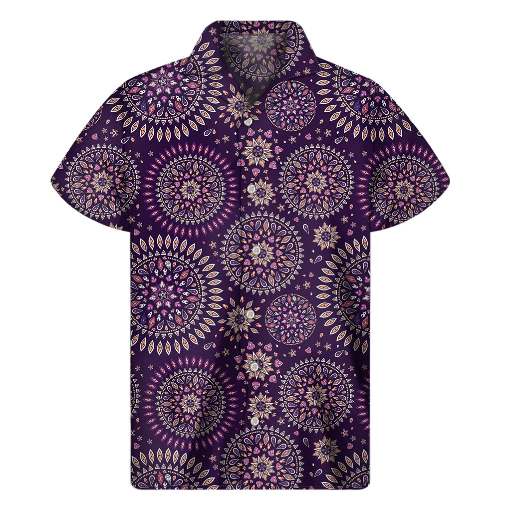 Purple Bohemian Mandala Pattern Print Men's Short Sleeve Shirt