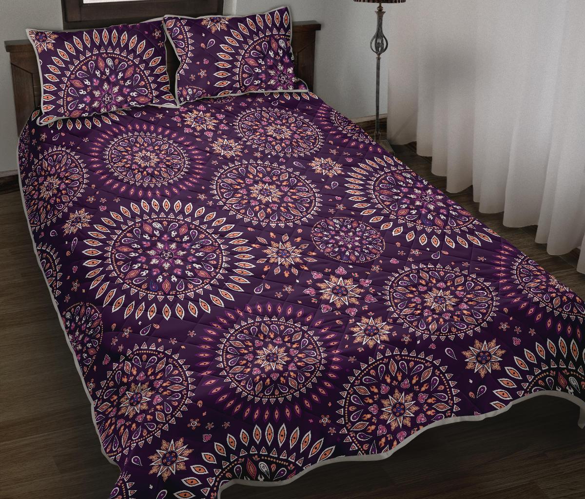 Purple Bohemian Mandala Pattern Print Quilt Bed Set