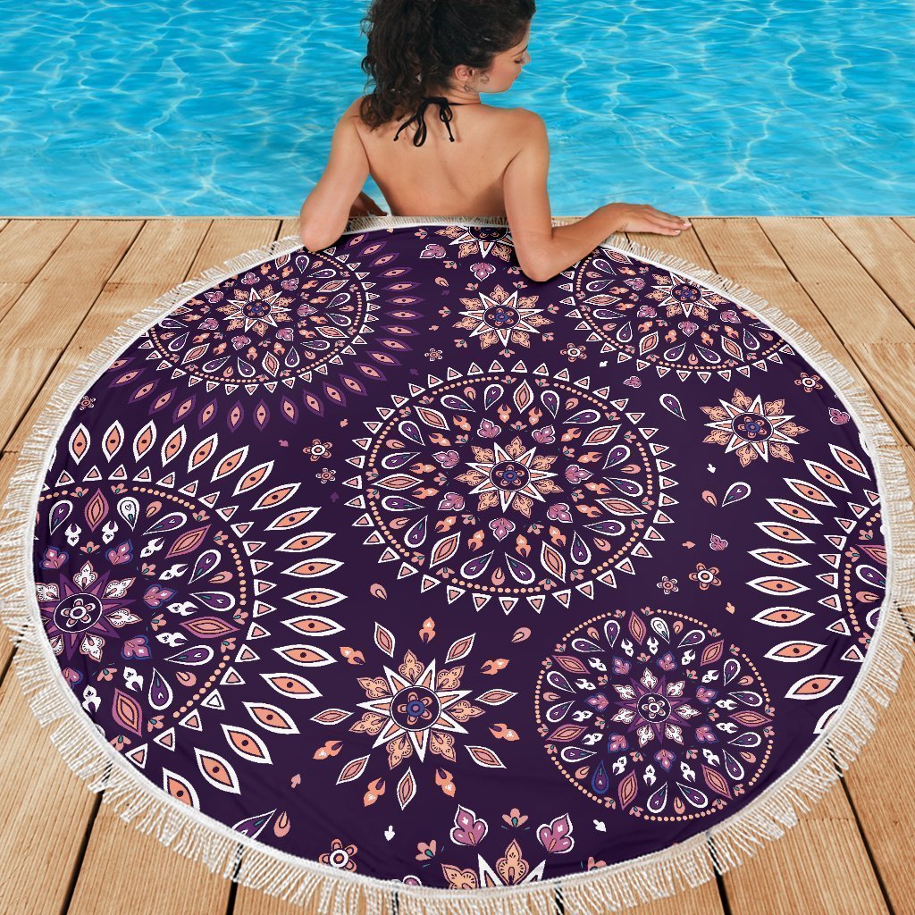 Purple Bohemian Mandala Pattern Print Round Beach Blanket