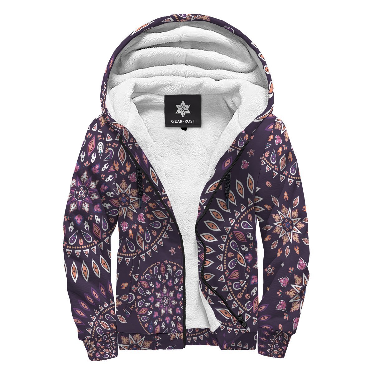 Purple Bohemian Mandala Pattern Print Sherpa Lined Fleece Hoodie