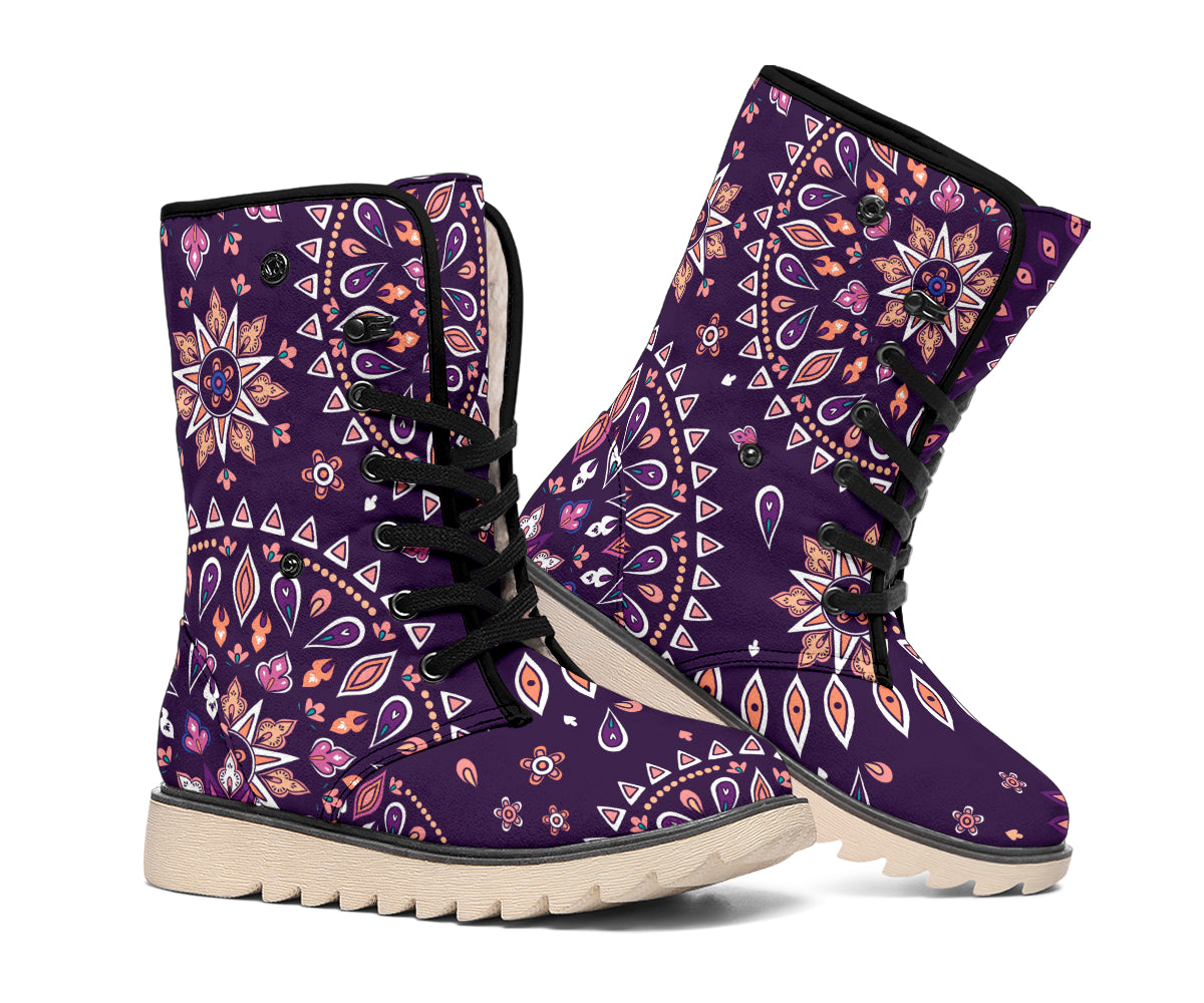 Purple Bohemian Mandala Pattern Print Winter Boots