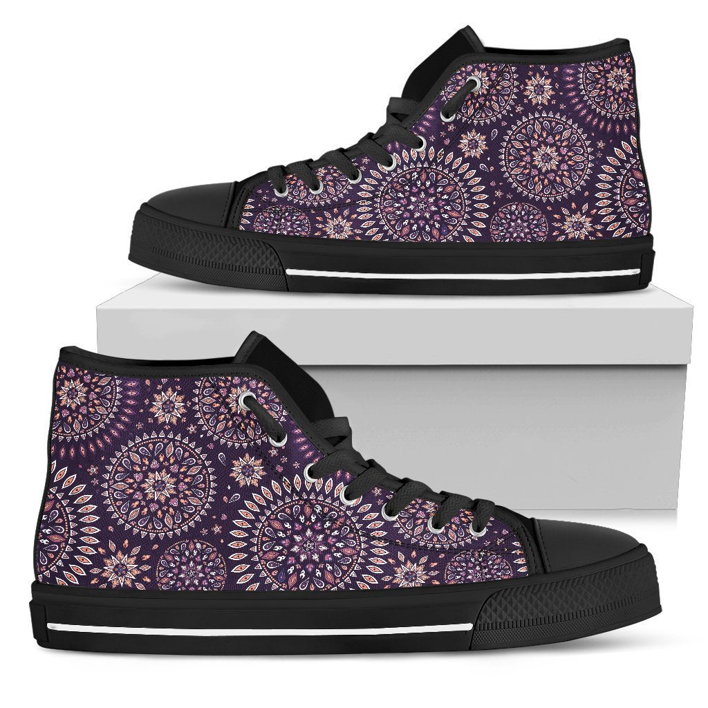 Purple Bohemian Mandala Pattern Print Women's High Top Shoes