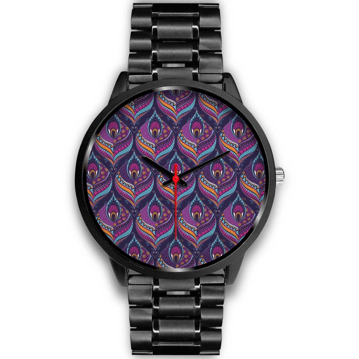 Purple Bohemian Peacock Feather Print Black Watch