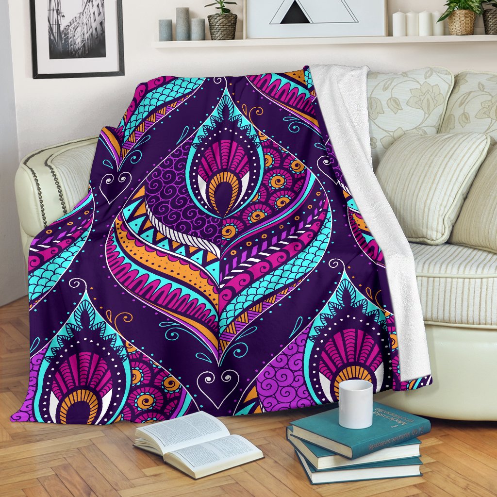 Purple Bohemian Peacock Feather Print Blanket