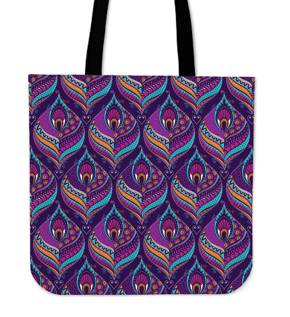 Purple Bohemian Peacock Feather Print Canvas Tote Bag