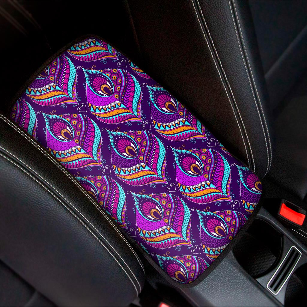 Purple Bohemian Peacock Feather Print Car Center Console Cover