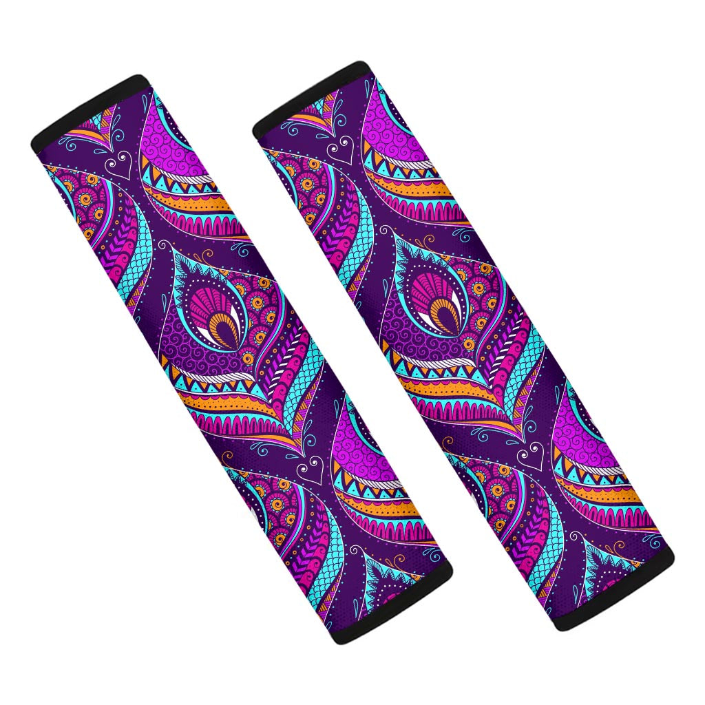 Purple Bohemian Peacock Feather Print Car Seat Belt Covers