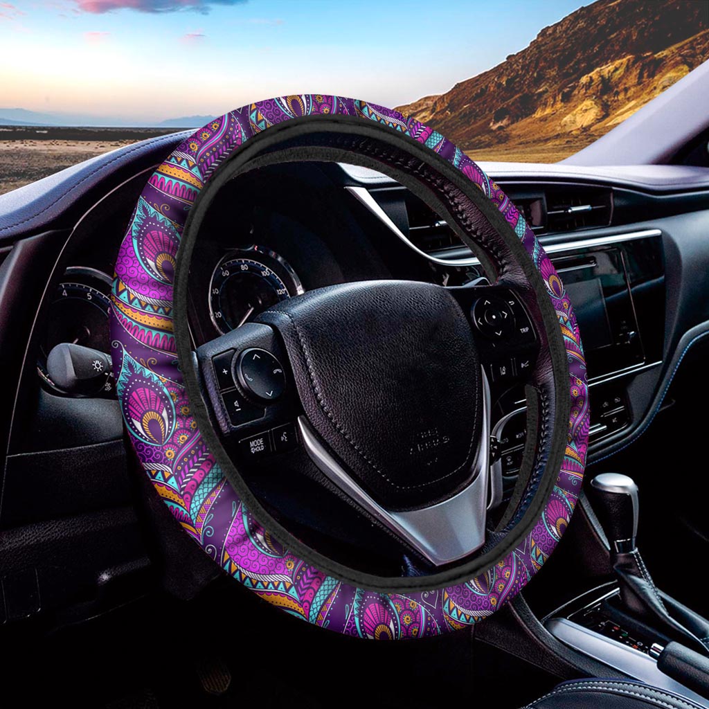 Purple Bohemian Peacock Feather Print Car Steering Wheel Cover