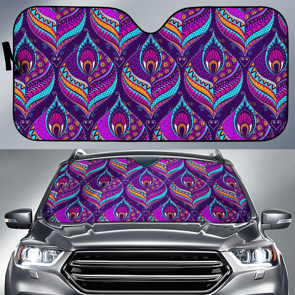 Purple Bohemian Peacock Feather Print Car Sun Shade