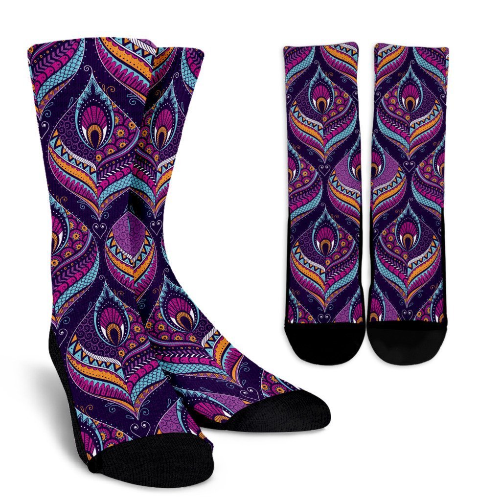 Purple Bohemian Peacock Feather Print Crew Socks