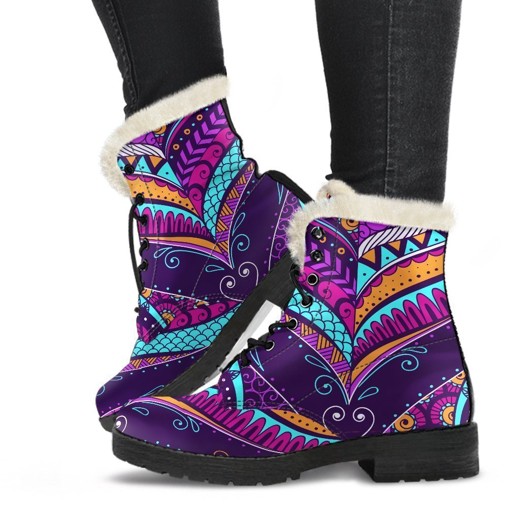 Purple Bohemian Peacock Feather Print Faux Fur Leather Boots