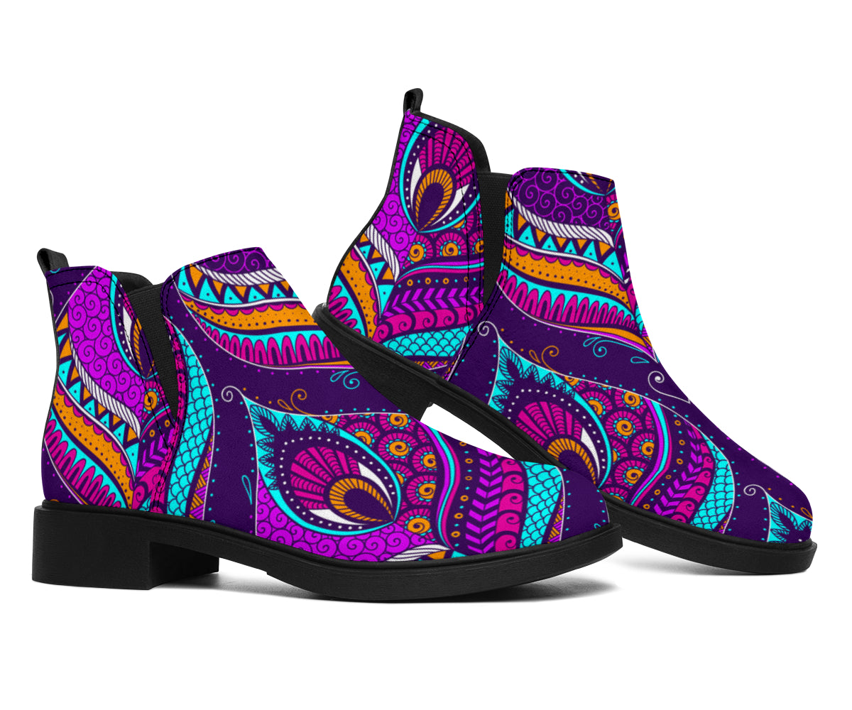 Purple Bohemian Peacock Feather Print Flat Ankle Boots