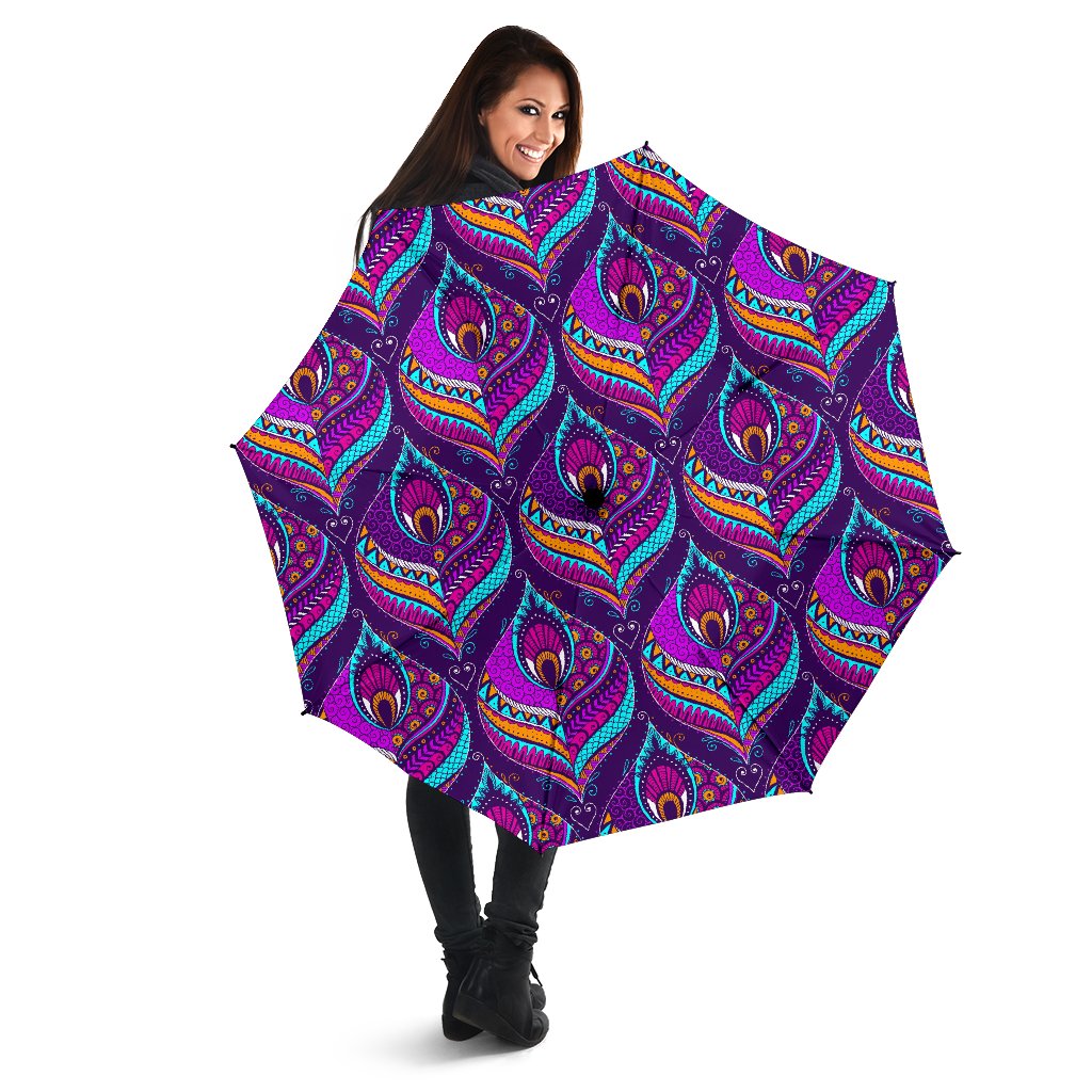 Purple Bohemian Peacock Feather Print Foldable Umbrella