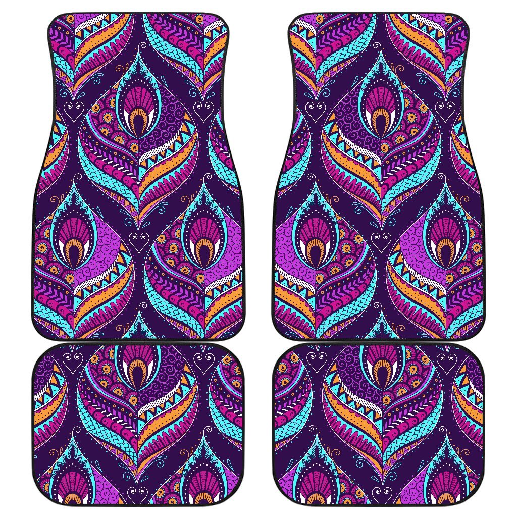 Purple Bohemian Peacock Feather Print Front and Back Car Floor Mats