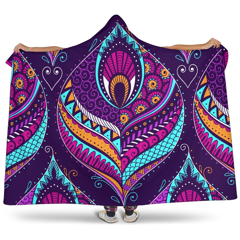 Purple Bohemian Peacock Feather Print Hooded Blanket