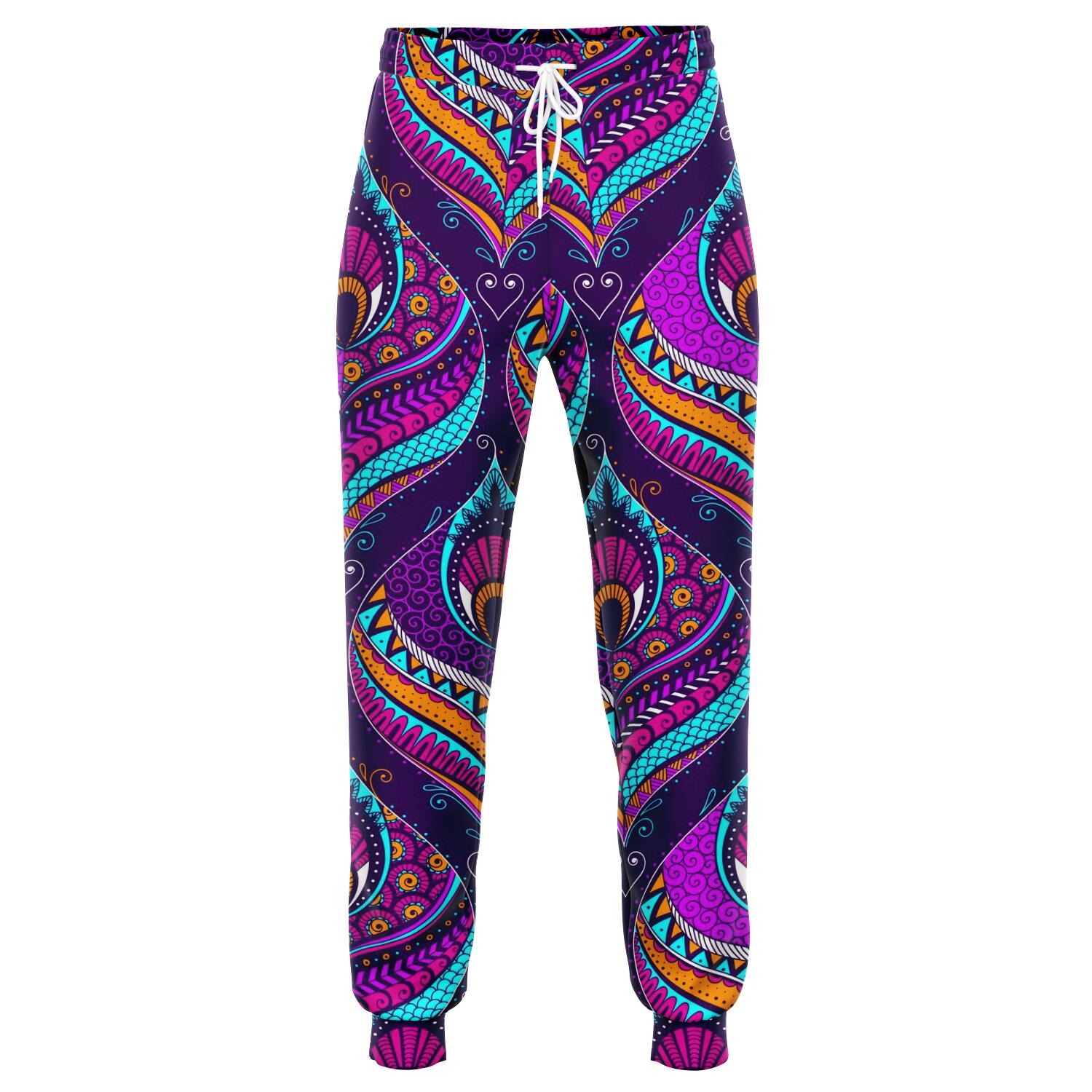 Purple Bohemian Peacock Feather Print Jogger Pants