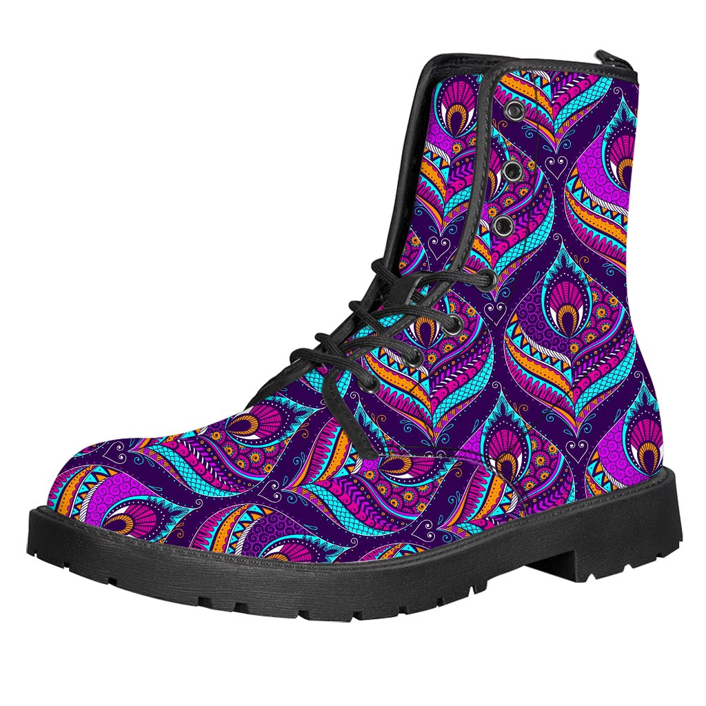 Purple Bohemian Peacock Feather Print Leather Boots