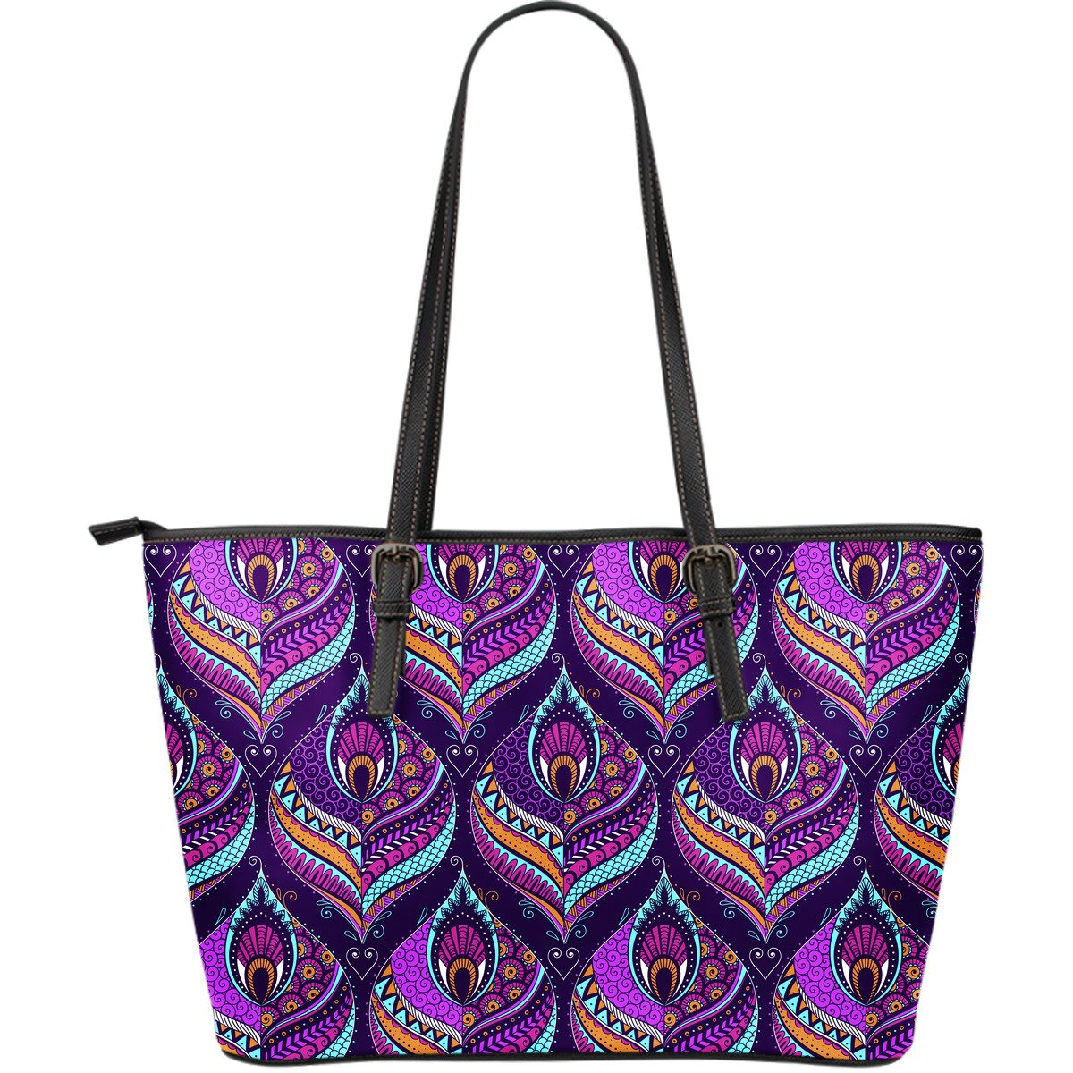 Purple Bohemian Peacock Feather Print Leather Tote Bag