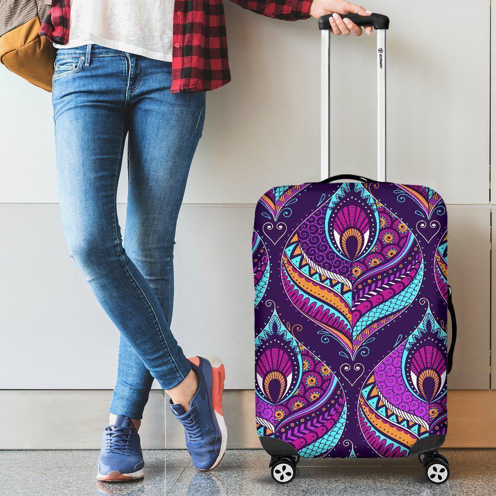 Purple Bohemian Peacock Feather Print Luggage Cover