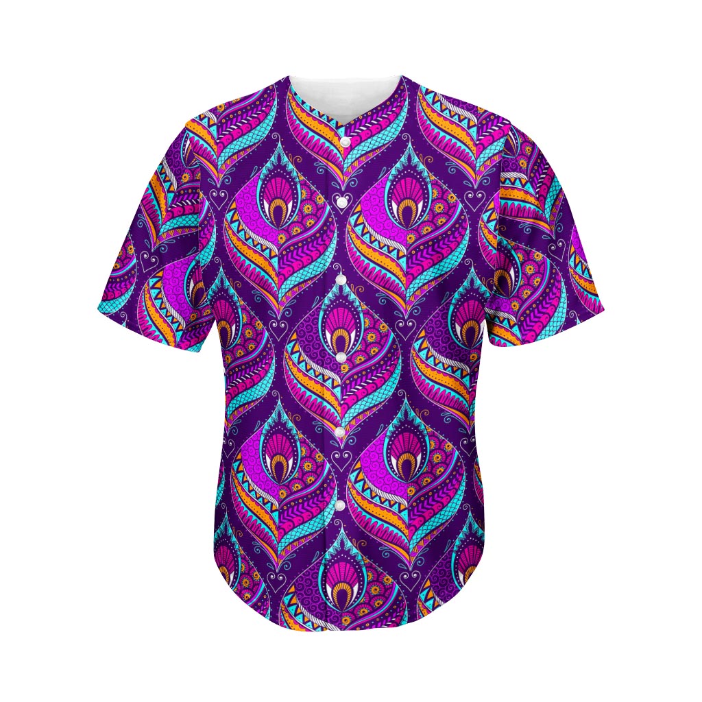 Purple Bohemian Peacock Feather Print Men's Baseball Jersey