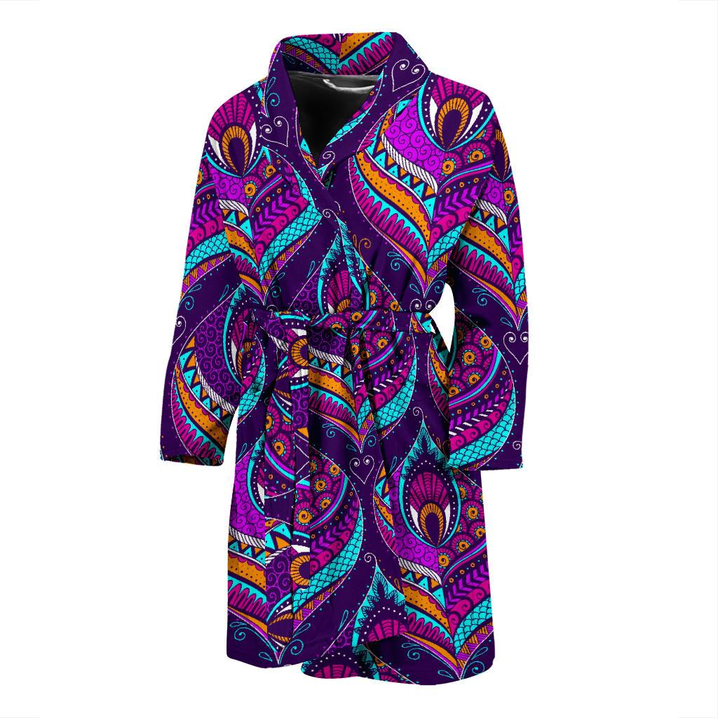 Purple Bohemian Peacock Feather Print Men's Bathrobe