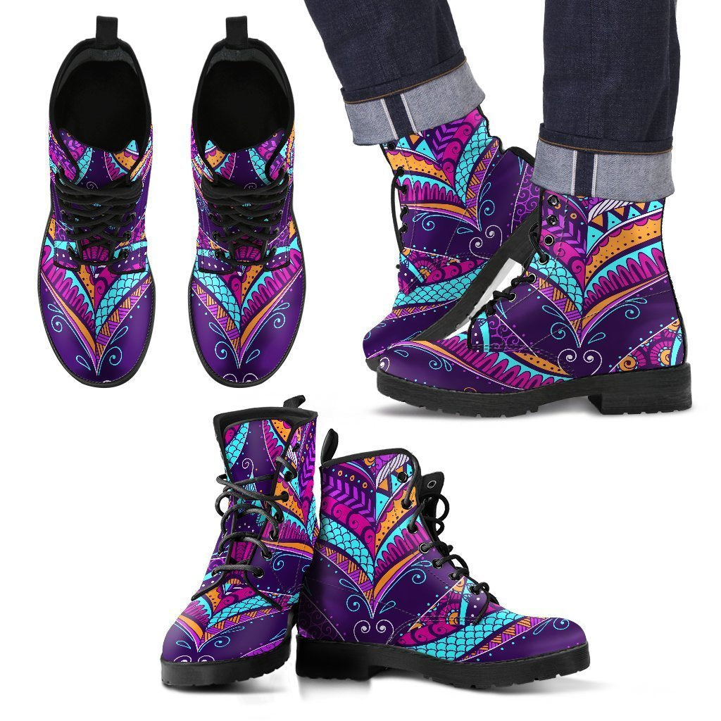 Purple Bohemian Peacock Feather Print Men's Boots