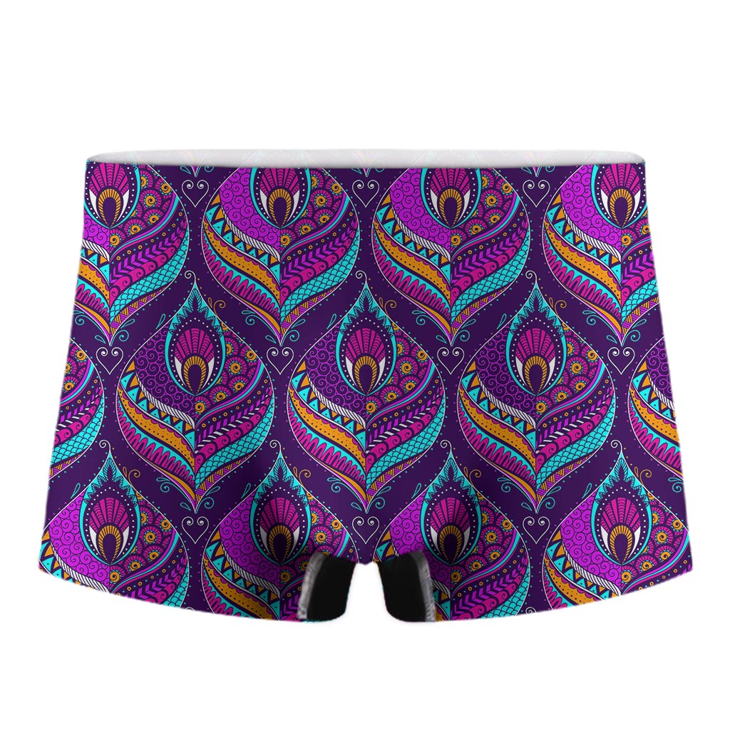 Purple Bohemian Peacock Feather Print Men's Boxer Briefs