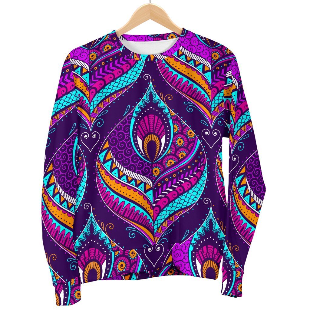 Purple Bohemian Peacock Feather Print Men's Crewneck Sweatshirt